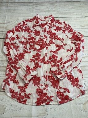 Charter Club Luxury Red Floral Linen Button-Up Long sleeve Shirt Medium